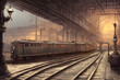 retro railway station realism landscape illustration