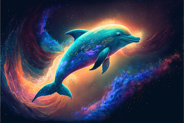 A dolphin swims in the universe and nebula of science fiction