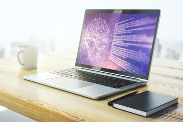 Poster - Creative code skull hologram on modern computer monitor, cybercrime and hacking concept. 3D Rendering