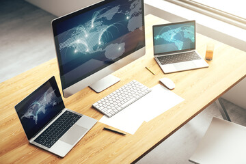 Poster - Modern computer monitor with abstract digital world map with connections, research and strategy concept. 3D Rendering