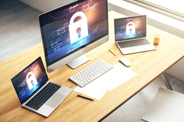 Poster - Creative concept with lock symbol and postal envelopes illustration on modern laptop screen. Protection and firewall concept. 3D Rendering