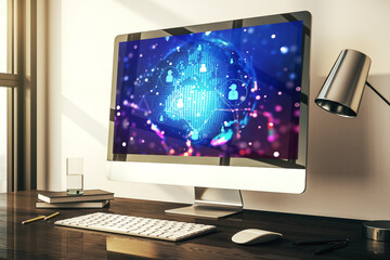 Poster - Social network media concept with world map on modern computer monitor. 3D Rendering