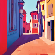 Evening Colorful Street In Burano Island, Venice, Italy. Retro Style. - Colorful Flat Art
