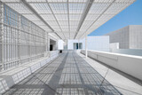 Fototapeta Sawanna - The modern entrance to Abu Dhabi Louvre museum, with a white marble walkway and a geometric square metal grid for shade