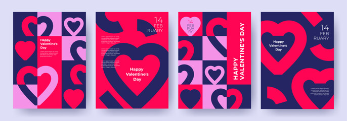Creative concept of Happy Valentines Day and Love cards, posters, covers set. Abstract minimal templates in modern geometric style with hearts pattern for celebration, decoration, branding, web banner