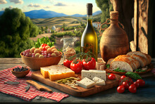 Outdoor Rustic Table With Cheese, Wine And Olive Oil In An Italian Scenery. Food. Traditional Eating. Picnic. Table With Plates And Bottles. Italian Landscape. Cheese Platter