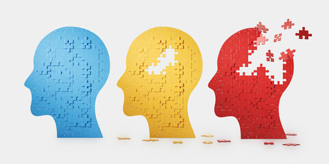 Three colorful man head with puzzle pieces falling apart