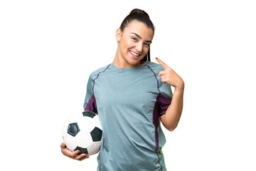 Wall Mural - Young football player Woman over isolated chroma key background giving a thumbs up gesture