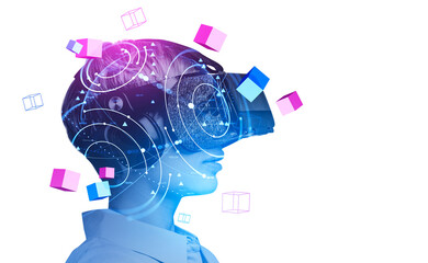 Poster - Businesswoman in vr headset, data blocks in metaverse on white background