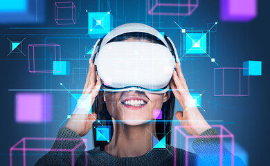 Poster - woman in vr headset, blocks in cyberspace. metaverse and virtual reality