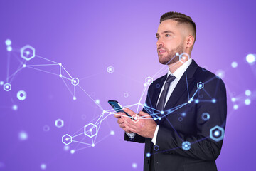 Poster - Businessman using phone, digital network and glowing connection lines