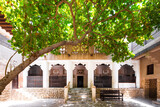 Fototapeta Sawanna - Ancient traditional house in old Dubai, with a porch lined with marble columns providing shade and an oak tree in the foreground