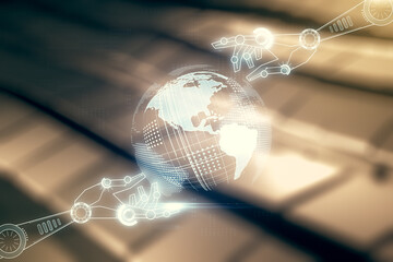 Aufkleber - Abstract virtual robotics technology sketch with globe on shiny metal background, future technology and AI concept. Double exposure
