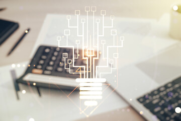 Poster - Double exposure of virtual creative light bulb hologram with chip on blurry calculator with laptop background, idea and brainstorming concept