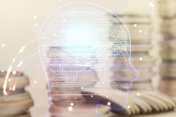 Poster - Double exposure of creative human head microcircuit hologram on growing coins stacks background. Future technology and AI concept