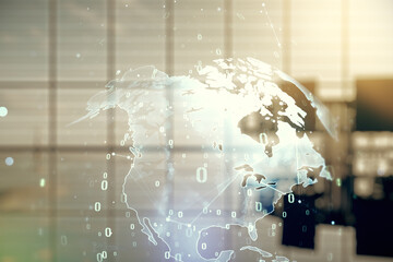 Poster - Multi exposure of abstract graphic coding sketch and world map on a modern furnished classroom background, big data and networking concept