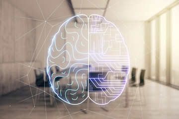 Poster - Virtual creative artificial Intelligence hologram with human brain sketch on a modern coworking room background. Double exposure