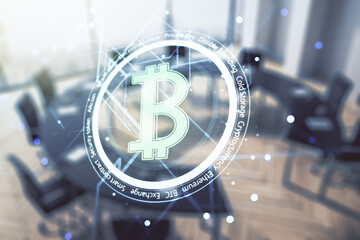 Poster - Virtual Bitcoin sketch on a modern coworking room background. Double exposure