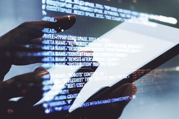 Poster - Abstract creative coding illustration with finger clicks on a digital tablet on background, software development concept. Multiexposure