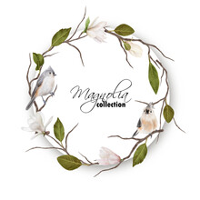 Magnolia Wreath And Tiny Grey Birds. Floral Background
