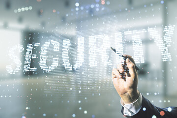Poster - Male hand with pen draws virtual cyber security creative concept on blurred office background. Double exposure