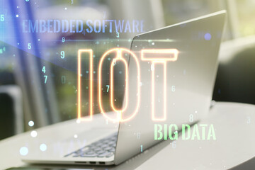 Aufkleber - Double exposure of creative IOT hologram on laptop background, research and development concept