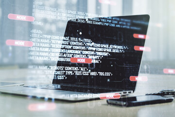 Poster - Abstract creative coding concept on modern laptop background. Multiexposure