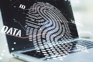 Aufkleber - Multi exposure of abstract fingerprint scan interface on computer background, digital access concept