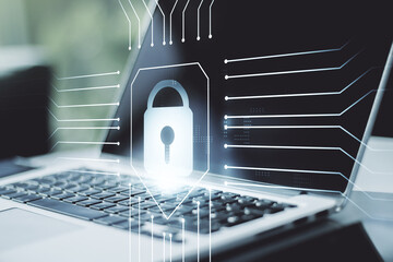 Poster - Double exposure of creative lock hologram with chip on laptop background. Information security concept