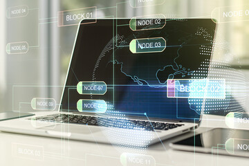 Poster - Double exposure of abstract programming language with world map on laptop background, research and development concept