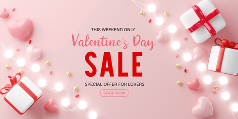 3d rendering.valentines day sale with heart shaped balloons, gift box and ball light decor. holiday 