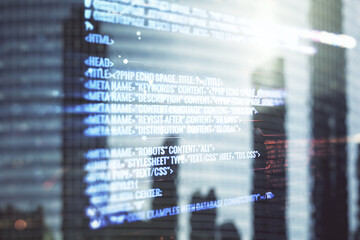 Aufkleber - Multi exposure of abstract creative coding sketch on office buildings background, artificial intelligence and neural networks concept