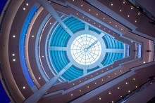 Background Of Curved Blue Glass Dome Ceiling With Geometric Structure