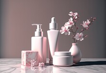 Skin Care And Beauty Product Line In Glass Jars With Sakura Blossoms, Displayed On A Marble Table. Generative AI