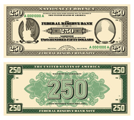 Wall Mural - Vector new 250 dollars banknote. Obverse and reverse of US paper money in retro style with ovals. Ribbons with inscriptions, Liberty and Hayes.