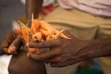 A Man Holds Carrots At A Farmers Market In Washington, D.C.