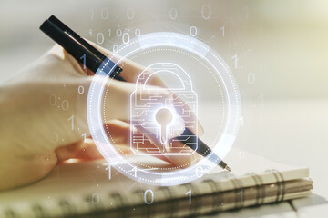 Poster - Creative idea concept with lock symbol and microcircuit illustration and with woman hand writing in notebook on background. Protection and firewall concept. Multiexposure