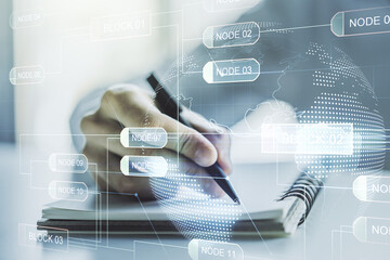 Poster - Multi exposure of abstract software development hologram with world map and man hand writing in notebook on background, global research and analytics concept
