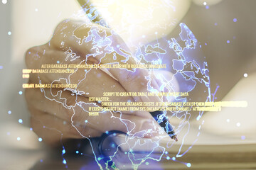 Poster - Abstract creative coding illustration with world map and woman hand writing in diary on background, international software development concept. Multiexposure
