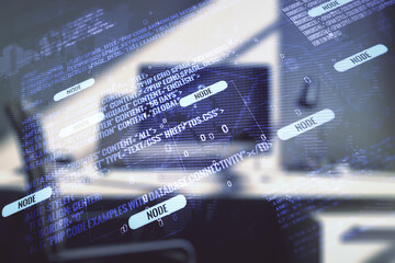 Poster - Multi exposure of abstract graphic coding sketch with world map and modern desktop with pc on background, big data and networking concept