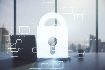 Poster - Creative lock sketch with email symbols hologram and modern desk with computer on background, protection of personal data concept. Multiexposure