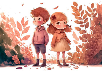 Wall Mural - Boy and girl walking in autumn park, anime art, kids portrait, watercolor painting, nursery art, generative ai