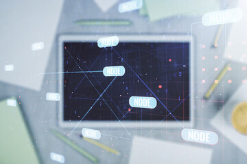 Fototapete - Double exposure of abstract programming language hologram and digital tablet on background, top view, research and development concept