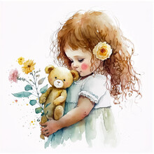 Watercolor Painting Of Little Girl Holding A Teddy Bear, Nursery Art, Printable Digital Illustration, Generative Ai