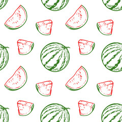 Whole watermelons and watermelon slices. Seamless pattern with watermelons. Vector illustration.