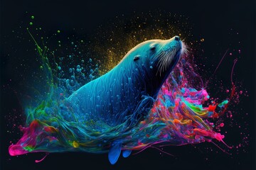 Painted animal with paint splash painting technique on colorful background sealion