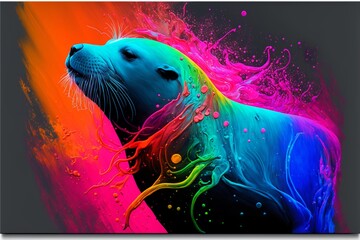 Painted animal with paint splash painting technique on colorful background sealion