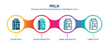Milk Icon In 4 Different Styles Such As Filled, Color, Glyph, Colorful, Lineal Color. Set Of Milk Vector For Web, Mobile, Ui