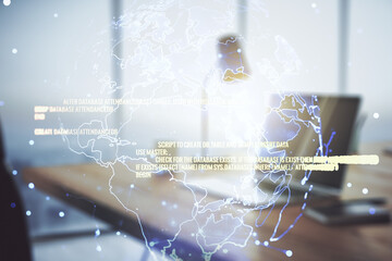 Poster - Abstract creative coding illustration with world map on modern computer background, international software development concept. Multiexposure