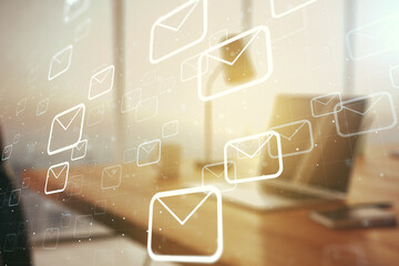 Aufkleber - Creative abstract postal envelopes sketch on modern laptop background, e-mail and marketing concept. Double exposure
